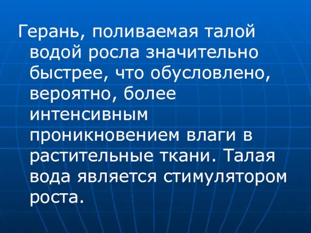 Герань, поливаемая талой водой росла значительно быстрее, что обусловлено, вероятно, более интенсивным