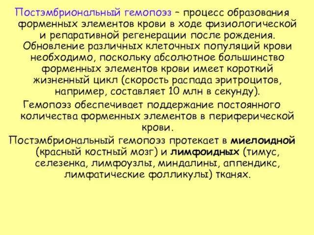 Постэмбриональный гемопоэз – процесс образования форменных элементов крови в ходе физиологической и