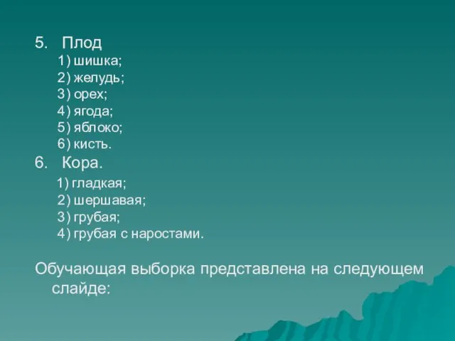 5. Плод 1) шишка; 2) желудь; 3) орех; 4) ягода; 5) яблоко;