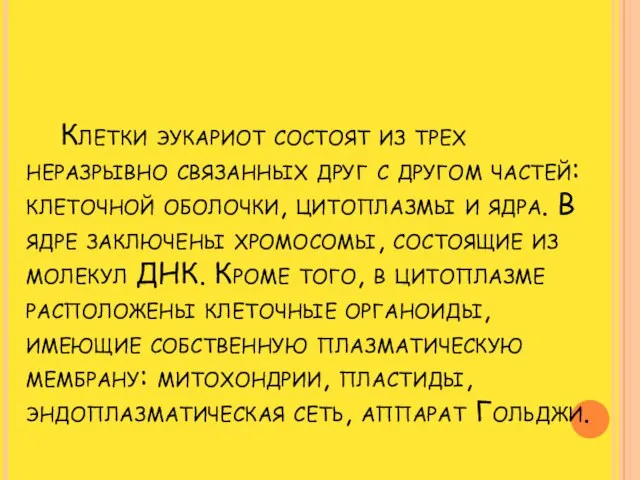 Клетки эукариот состоят из трех неразрывно связанных друг с другом частей: клеточной