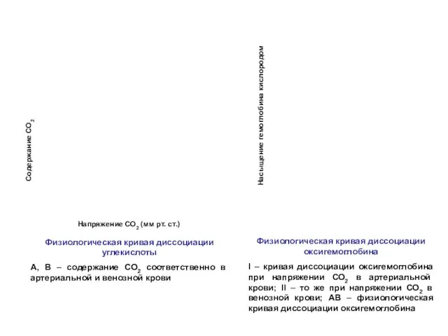 Напряжение СО2 (мм рт. ст.) Содержание СО2 Насыщение гемоглобина кислородом Физиологическая кривая