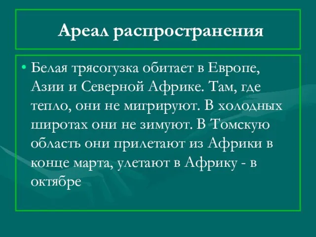 Ареал распространения Белая трясогузка обитает в Европе, Азии и Северной Африке. Там,