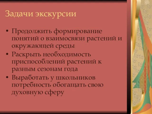 Задачи экскурсии Продолжить формирование понятий о взаимосвязи растений и окружающей среды Раскрыть