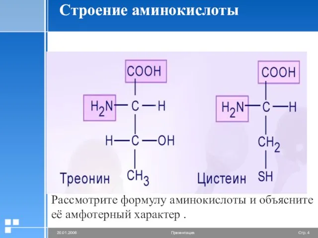 Строение аминокислоты Рассмотрите формулу аминокислоты и объясните её амфотерный характер .