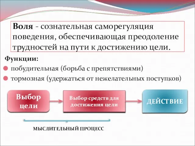 Воля - сознательная саморегуляция поведения, обеспечивающая преодоление трудностей на пути к достижению