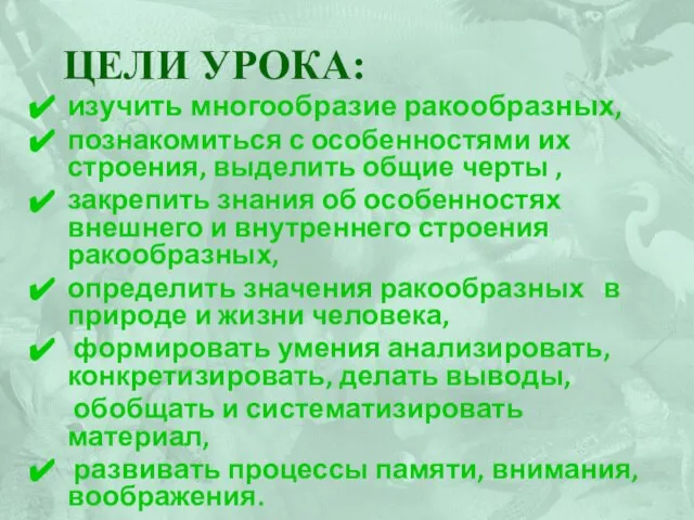 Цели урока: изучить многообразие ракообразных, познакомиться с особенностями их строения, выделить общие