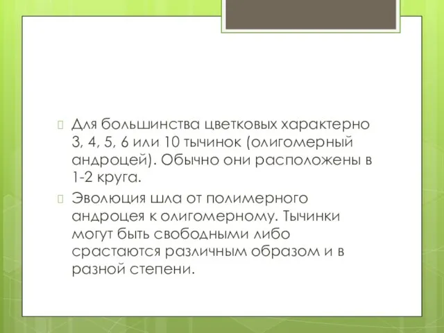 Для большинства цветковых характерно 3, 4, 5, 6 или 10 тычинок (олигомерный