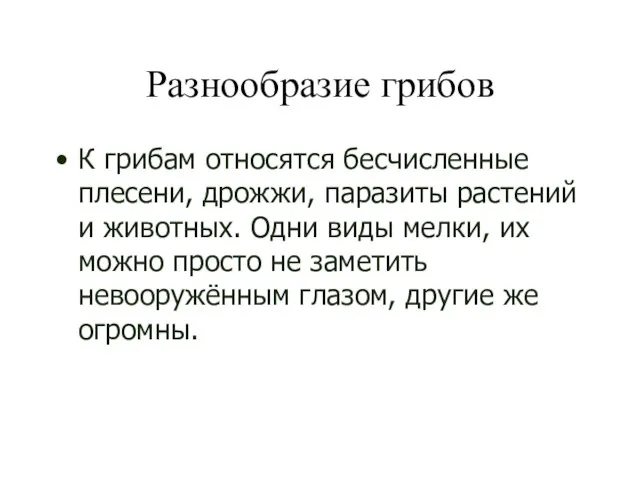 Разнообразие грибов К грибам относятся бесчисленные плесени, дрожжи, паразиты растений и животных.