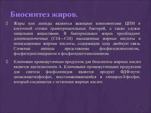 Биосинтез жиров. Жиры или липиды являются важными компонентами ЦПМ и клеточной стенки