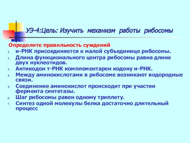 УЭ-4:Цель: Изучить механизм работы рибосомы Определите правильность суждений и-РНК присоединяется к малой