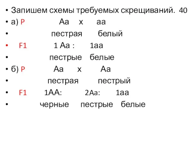 Запишем схемы требуемых скрещиваний. 40 а) P Аа х аа пестрая белый