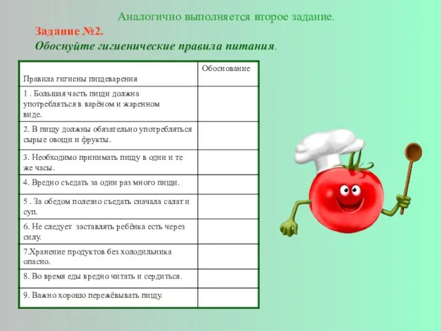 Аналогично выполняется второе задание. Задание №2. Обоснуйте гигиенические правила питания.