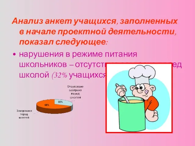 Анализ анкет учащихся, заполненных в начале проектной деятельности, показал следующее: нарушения в