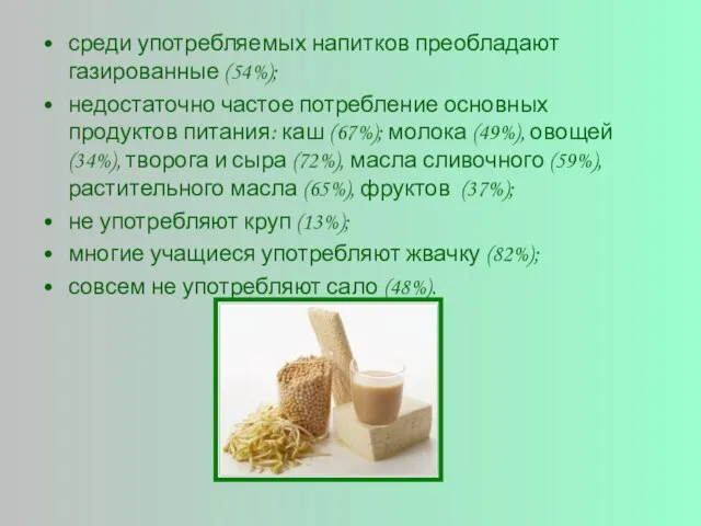 среди употребляемых напитков преобладают газированные (54%); недостаточно частое потребление основных продуктов питания: