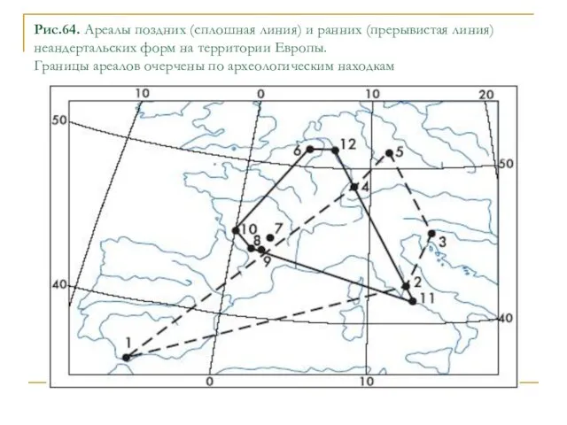 Рис.64. Ареалы поздних (сплошная линия) и ранних (прерывистая линия) неандертальских форм на