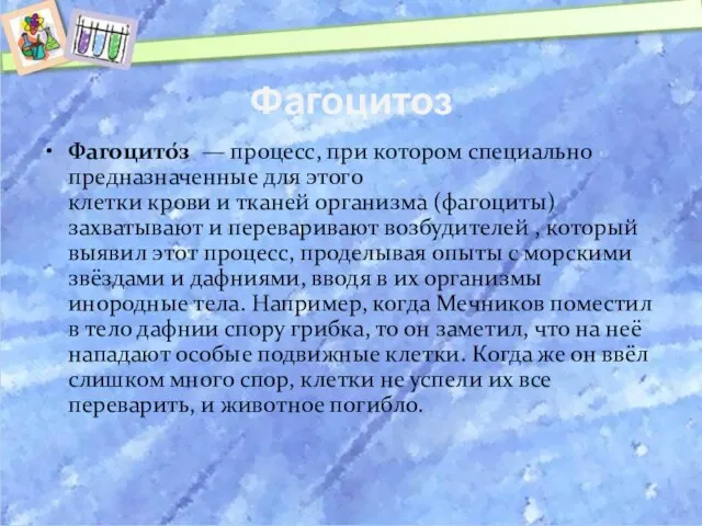 Фагоцитоз Фагоцито́з — процесс, при котором специально предназначенные для этого клетки крови