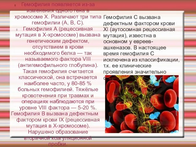 Гемофилия появляется из-за изменения одного гена в хромосоме X. Различают три типа