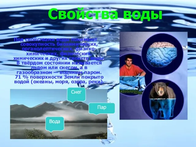 Под свойствами воды понимают совокупность биохимических, органолептических, физико-химических, физических, химических и других