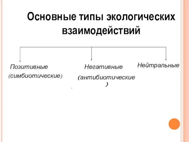 Основные типы экологических взаимодействий Позитивные (антибиотические) . Нейтральные (симбиотические) Негативные