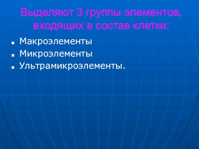 Выделяют 3 группы элементов, входящих в состав клетки: Макроэлементы Микроэлементы Ультрамикроэлементы.