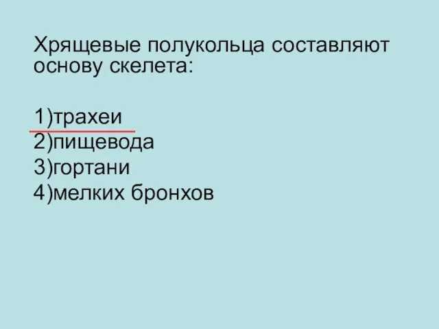 Хрящевые полукольца составляют основу скелета: 1)трахеи 2)пищевода 3)гортани 4)мелких бронхов