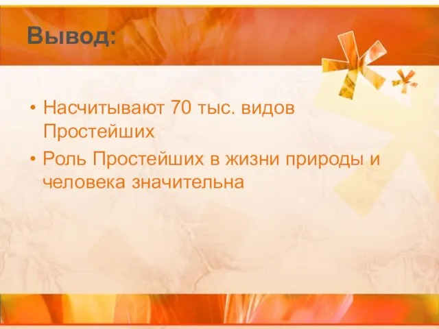 Вывод: Насчитывают 70 тыс. видов Простейших Роль Простейших в жизни природы и человека значительна