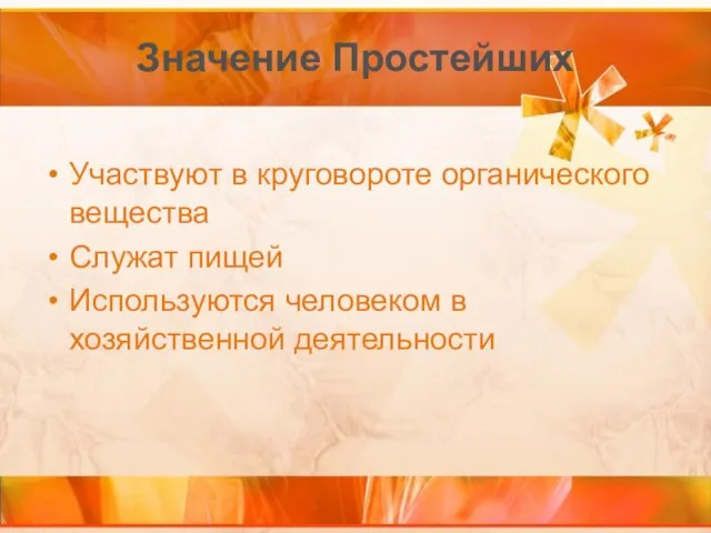 Значение Простейших Участвуют в круговороте органического вещества Служат пищей Используются человеком в хозяйственной деятельности