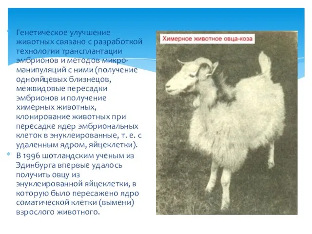 Генетическое улучшение животных связано с разработкой технологии трансплантации эмбрионов и методов микро-манипуляций