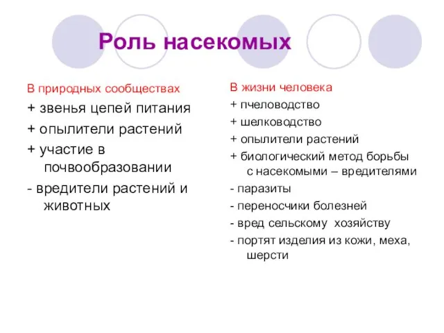 Роль насекомых В природных сообществах + звенья цепей питания + опылители растений