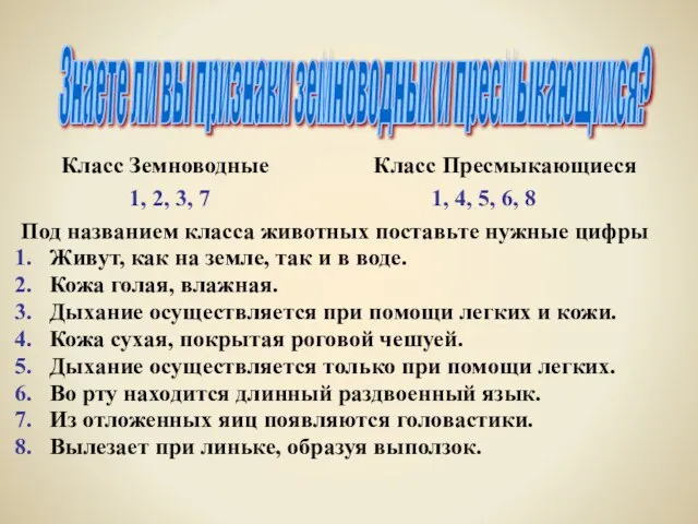 Под названием класса животных поставьте нужные цифры Живут, как на земле, так