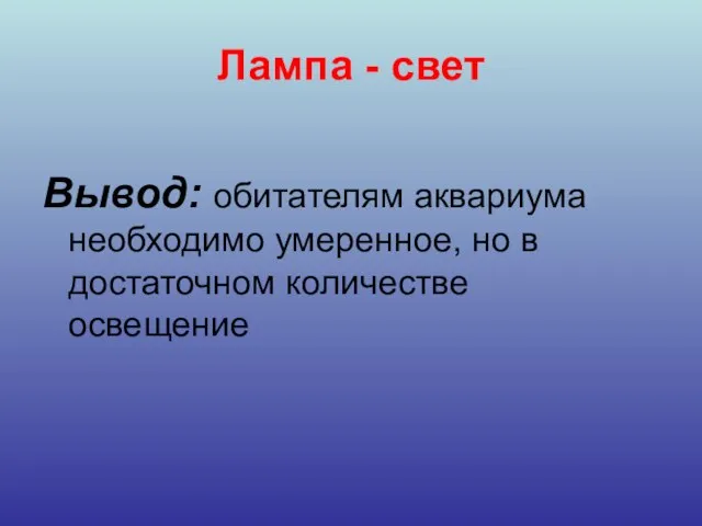 Лампа - свет Вывод: обитателям аквариума необходимо умеренное, но в достаточном количестве освещение