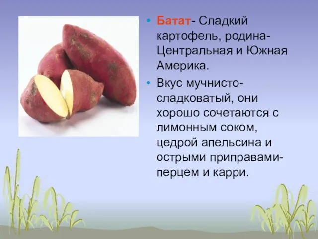 Батат- Сладкий картофель, родина- Центральная и Южная Америка. Вкус мучнисто- сладковатый, они