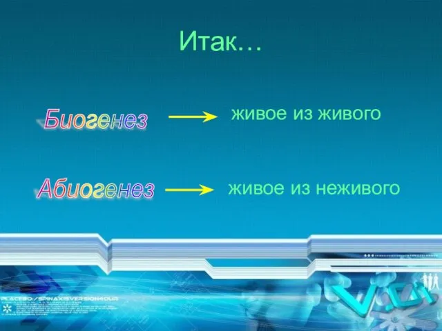 Итак… Биогенез живое из живого Абиогенез живое из неживого