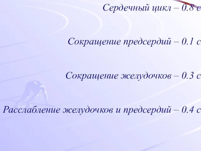 Сердечный цикл – 0.8 с Сокращение предсердий – 0.1 с Сокращение желудочков