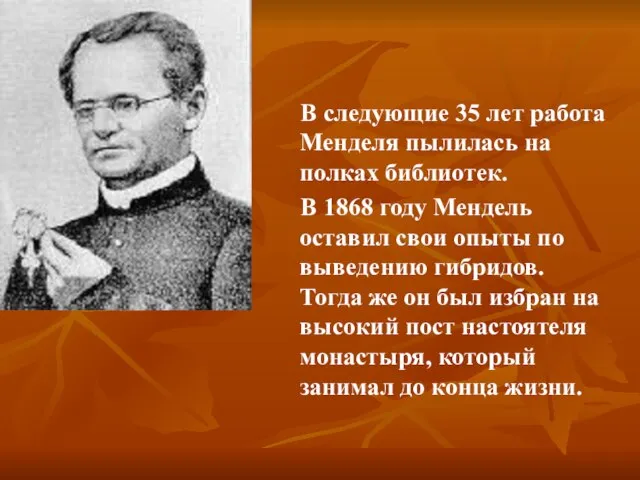 В следующие 35 лет работа Менделя пылилась на полках библиотек. В 1868