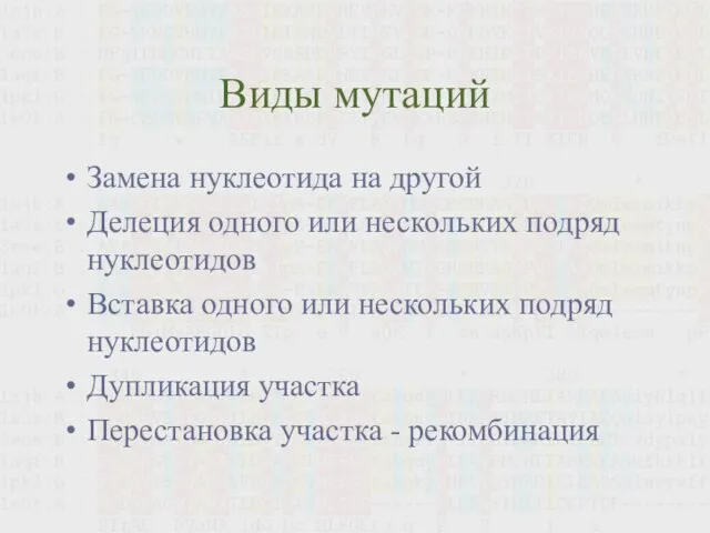 Виды мутаций Замена нуклеотида на другой Делеция одного или нескольких подряд нуклеотидов