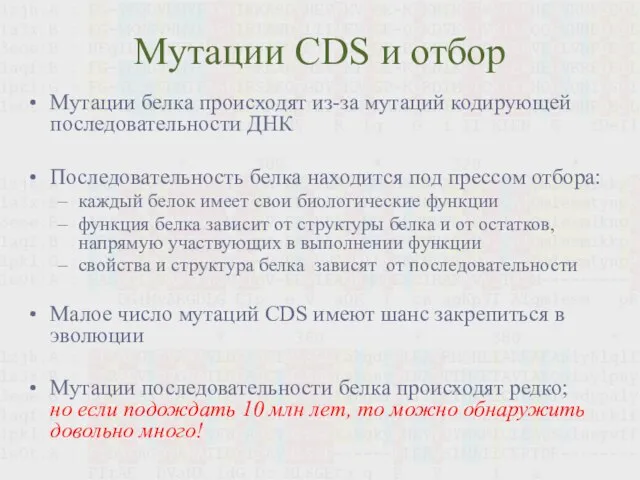 Мутации CDS и отбор Мутации белка происходят из-за мутаций кодирующей последовательности ДНК