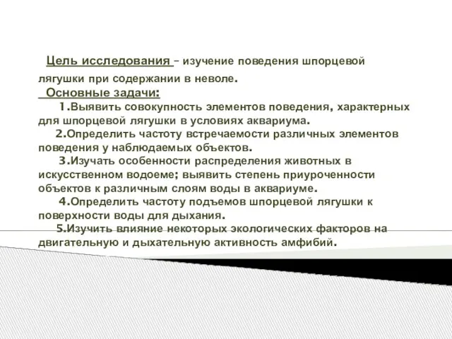 Цель исследования – изучение поведения шпорцевой лягушки при содержании в неволе. Основные