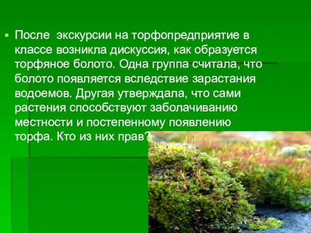 После экскурсии на торфопредприятие в классе возникла дискуссия, как образуется торфяное болото.