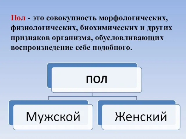 Пол - это совокупность морфологических, физиологических, биохимических и других признаков организма, обусловливающих воспроизведение себе подобного.