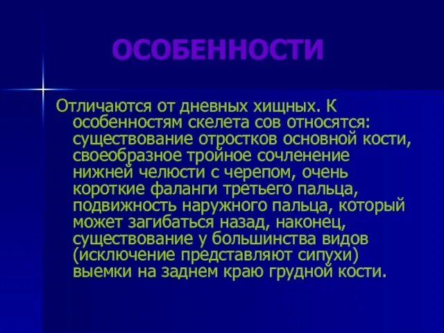 ОСОБЕННОСТИ Отличаются от дневных хищных. К особенностям скелета сов относятся: существование отростков