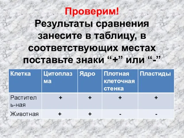 Проверим! Результаты сравнения занесите в таблицу, в соответствующих местах поставьте знаки “+” или “-”