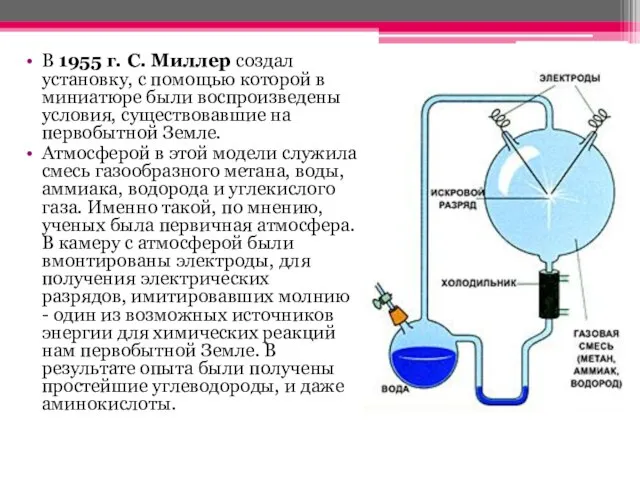 В 1955 г. С. Миллер создал установку, с помощью которой в миниатюре