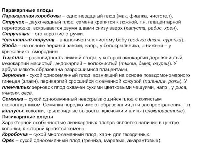 Паракарпные плоды Паракарпная коробочка – одногнездщный плод (мак, фиалка, чистотел). Стручок –