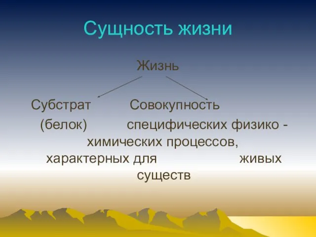 Сущность жизни Жизнь Субстрат Совокупность (белок) специфических физико - химических процессов, характерных для живых существ