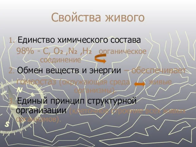 Свойства живого 1. Единство химического состава 98% - C, O2 ,N2 ,H2