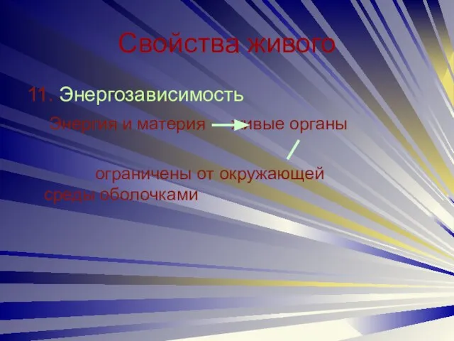 Свойства живого 11. Энергозависимость Энергия и материя живые органы ограничены от окружающей среды оболочками