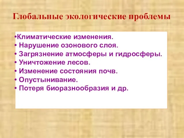 Климатические изменения. Нарушение озонового слоя. Загрязнение атмосферы и гидросферы. Уничтожение лесов. Изменение