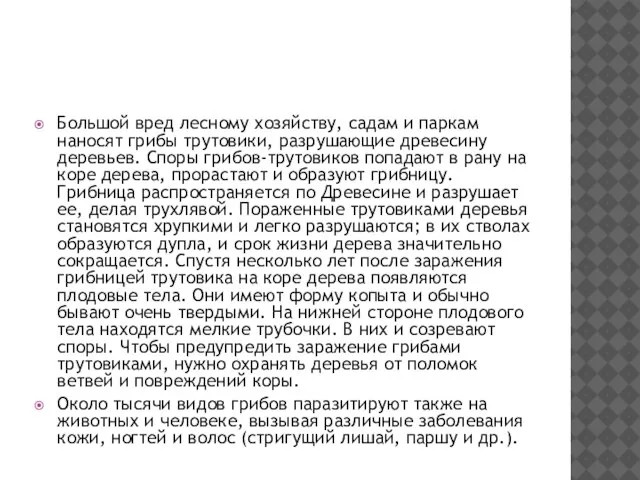 Большой вред лесному хозяйству, садам и паркам наносят грибы трутовики, разрушающие древесину