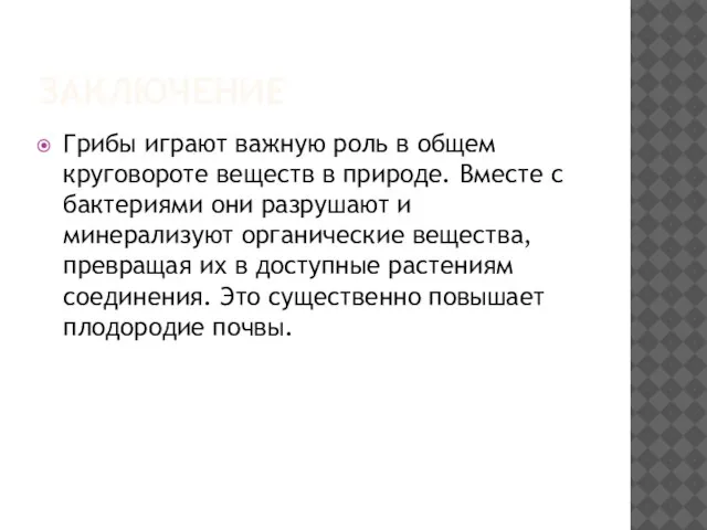 Заключение Грибы играют важную роль в общем круговороте веществ в природе. Вместе